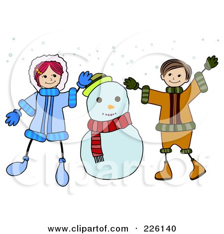 Royalty-Free (RF) Clipart Illustration of a Stick Boy And Girl Playing By A Snowman by BNP Design Studio