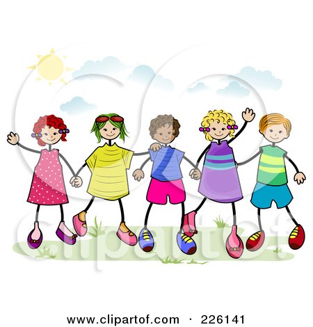 Royalty-Free (RF) Clipart Illustration of Diverse Stick Children Holding Hands Outside by BNP Design Studio