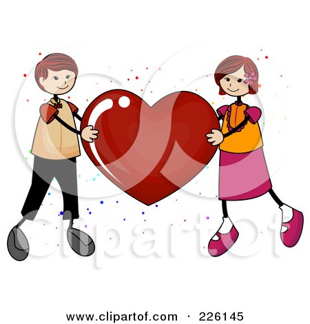 Royalty-Free (RF) Clipart Illustration of a Stick Boy And Girl Holding Up A Red Heart by BNP Design Studio