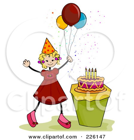 Royalty-Free (RF) Clipart Illustration of a Stick Birthday Girl With Balloons By A Cake by BNP Design Studio