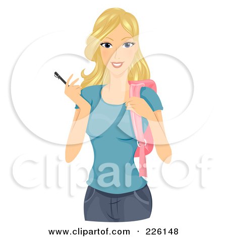 Royalty-Free (RF) Clipart Illustration of a Beautiful Blond College Student Holding A Pen by BNP Design Studio