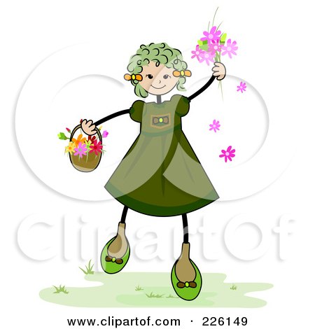Royalty-Free (RF) Clipart Illustration of a Green Stick Girl With Spring Flowers by BNP Design Studio