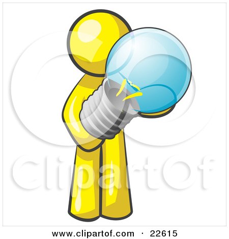 Clipart Illustration of a Yellow Man Holding A Glass Electric Lightbulb, Symbolizing Utilities Or Ideas by Leo Blanchette