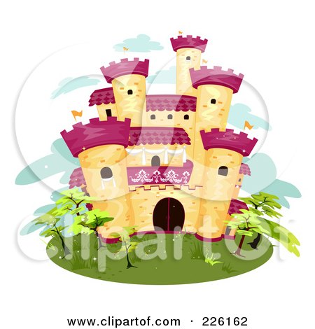 Royalty-Free (RF) Clipart Illustration of a Yellow Brick Castle With Purple Towers On An Island by BNP Design Studio