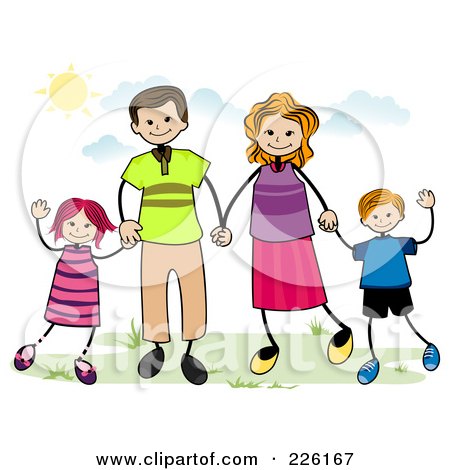 Royalty-Free (RF) Clipart Illustration of a Stick Family Holding Hands And Waving Outdoors by BNP Design Studio