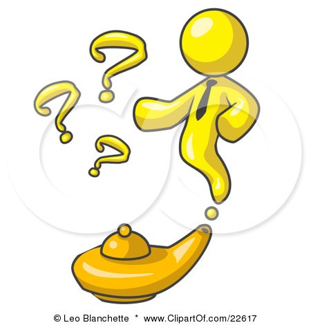 Clipart Illustration of a Yellow Genie Man Emerging From a Golden Lamp With Question Marks by Leo Blanchette