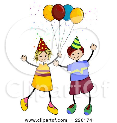 Royalty-Free (RF) Clipart Illustration of a Stick Boy And Girl With Party Balloons by BNP Design Studio