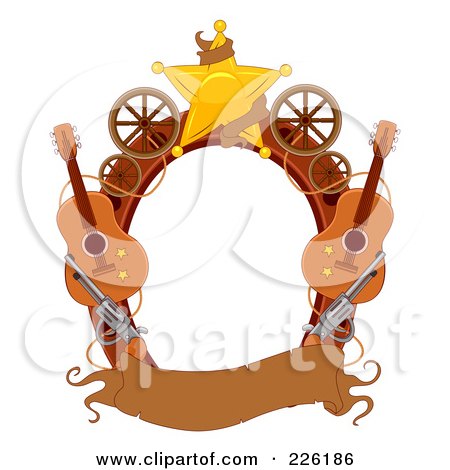 Royalty-Free (RF) Clipart Illustration of a Western Frame Of Pistols, Wheels A Sheriff Star And Blank Banner by BNP Design Studio