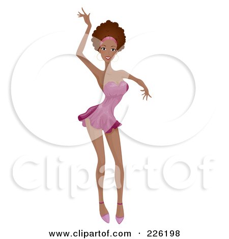 Royalty-Free (RF) Clipart Illustration of a Beautiful Black Woman Dancing In A Purple Dress And Heels by BNP Design Studio
