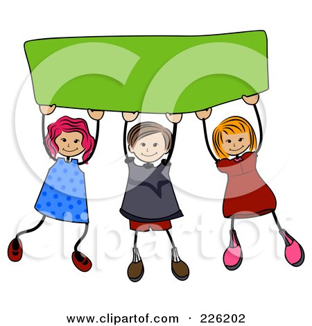 Royalty-Free (RF) Clipart Illustration of Stick Children Holding Up A Blank Banner by BNP Design Studio