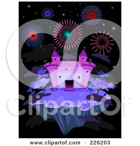 Royalty-Free (RF) Clipart Illustration of a Fireworks Over A Purple Castle On A Floating Island At Night by BNP Design Studio