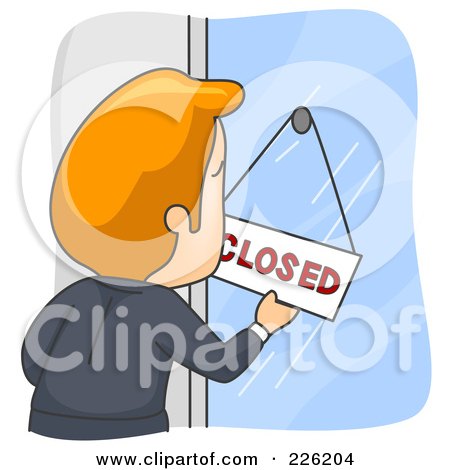 Royalty-Free (RF) Clipart Illustration of a Businessman Flipping A Closed Sign by BNP Design Studio