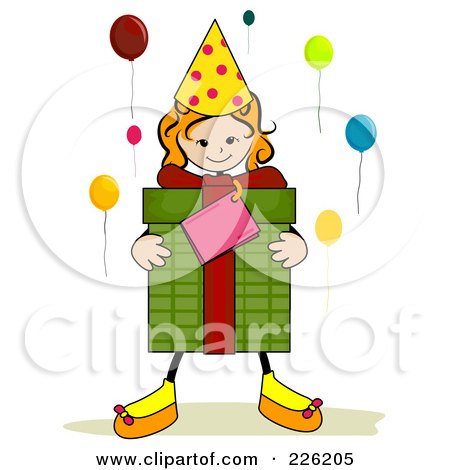 Royalty-Free (RF) Clipart Illustration of a Stick Girl Carrying A Birthday Present by BNP Design Studio