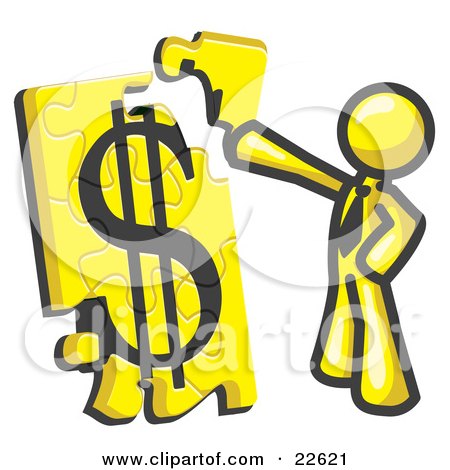 Clipart Illustration of a Yellow Businessman Putting a Dollar Sign Puzzle Together by Leo Blanchette