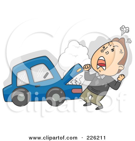 Royalty-Free (RF) Clipart Illustration of a Man Screaming By His Broken Down Car by BNP Design Studio