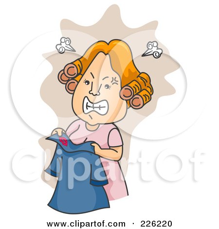 Royalty-Free (RF) Clipart Illustration of a Mad Woman Discovering A Lipstick Stain On Her Husband's Shirt by BNP Design Studio