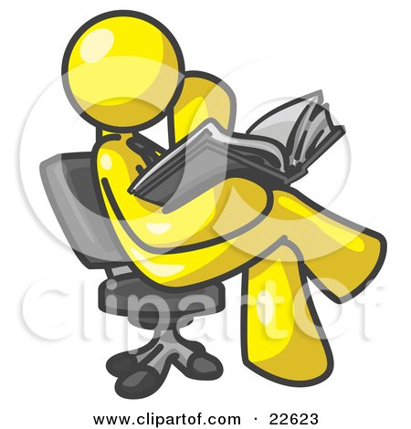Clipart Illustration of a Yellow Man Sitting Cross Legged in a Chair and Reading a Book by Leo Blanchette