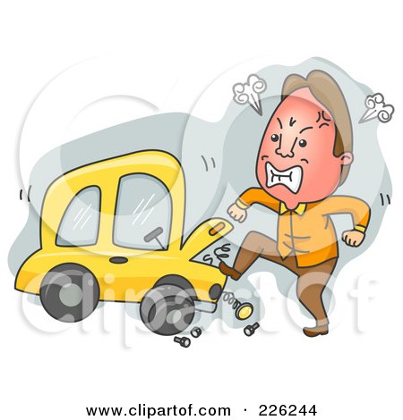 Royalty-Free (RF) Clipart Illustration of a Man Kicking His Broken Down Car by BNP Design Studio