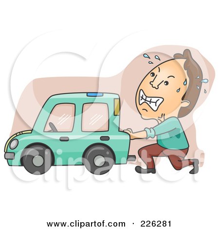 Royalty-Free (RF) Clipart Illustration of a Man Pushing His Broken Down Car by BNP Design Studio