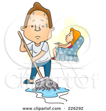 Royalty-Free (RF) Clipart Illustration of a Woman Watching Tv While Her Husband Mops The Floor by BNP Design Studio