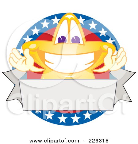 Royalty-Free (RF) Clipart Illustration of a Star School Mascot Logo Over An American Circle And Blank Banner by Mascot Junction
