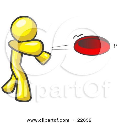 Clipart Illustration of a Yellow Man Tossing A Red Flying Disc Through The Air For Someone To Catch by Leo Blanchette