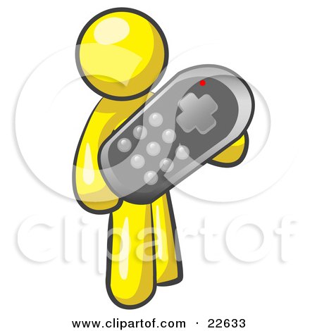 Clipart Illustration of a Yellow Man Holding A Remote Control To A Television by Leo Blanchette