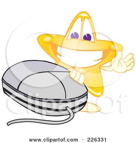 Royalty-Free (RF) Clipart Illustration of a Star School Mascot Waving By A Computer Mouse by Mascot Junction