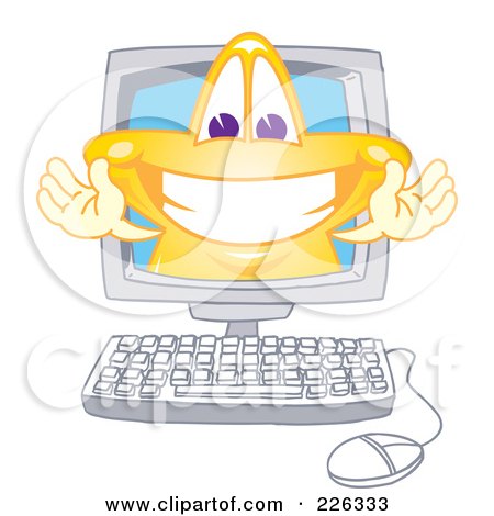 Royalty-Free (RF) Clipart Illustration of a Star School Mascot Grinning On A Computer Screen by Mascot Junction