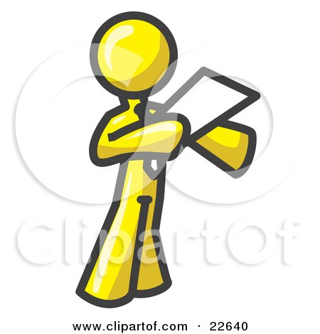 Clipart Illustration of a Yellow Businessman Holding a Piece of Paper During a Speech or Presentation by Leo Blanchette