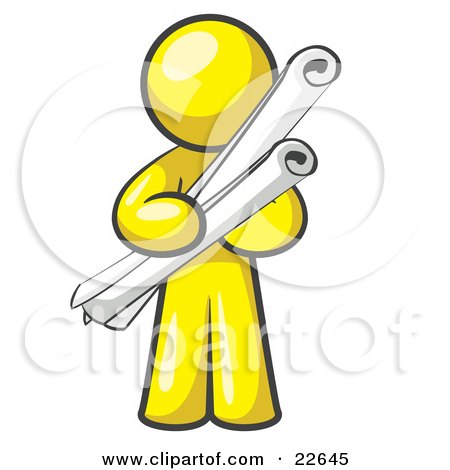 Clipart Illustration of a Yellow Man Architect Carrying Rolled Blue Prints And Plans by Leo Blanchette
