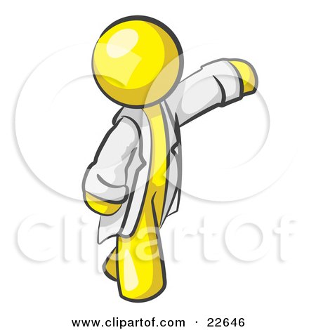 Clipart Illustration of a Yellow Scientist, Veterinarian Or Doctor Man Waving And Wearing A White Lab Coat by Leo Blanchette