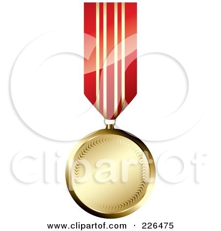 Royalty-Free (RF) Clipart Illustration of a Round Golden Medal Hanging From A Red And Gold Striped Ribbon by TA Images
