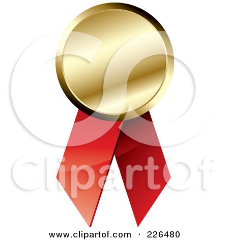 Royalty-Free (RF) Clipart Illustration of a 3d Golden Award Medal With Red Ribbons by TA Images