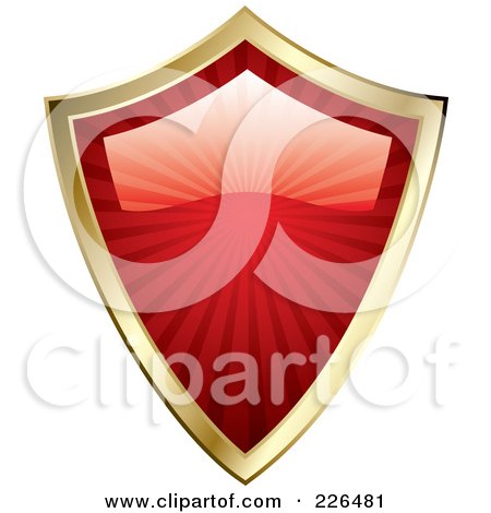 Royalty-Free (RF) Clipart Illustration of a 3d Red Ray Shield With Gold Trim by TA Images