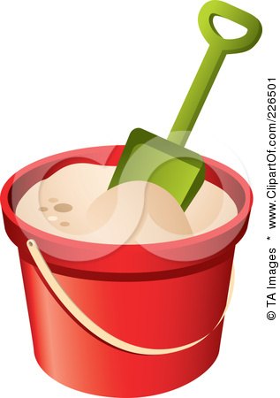 Royalty-Free (RF) Clipart Illustration of a Green Shovel In A Bucket Of Sand by TA Images
