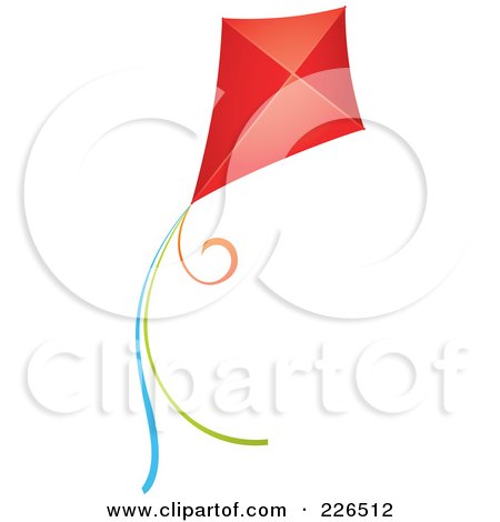 Royalty-Free (RF) Clipart Illustration of a Flying Red Kite With Colorful Strings by TA Images