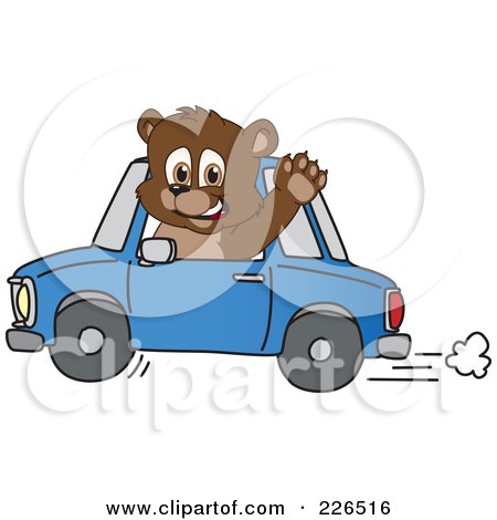 Royalty-Free (RF) Clipart Illustration of a Bear Cub School Mascot Waving And Driving A Car by Mascot Junction