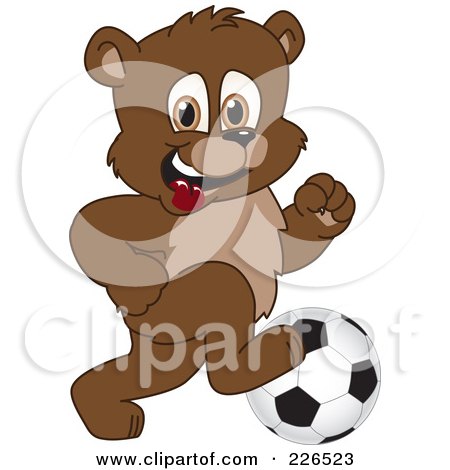 Royalty-Free (RF) Clipart Illustration of a Bear Cub School Mascot Playing Soccer by Mascot Junction