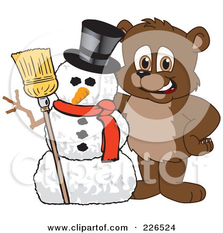 Royalty-Free (RF) Clipart Illustration of a Bear Cub School Mascot With A Snowman by Mascot Junction