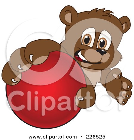 Royalty-Free (RF) Clipart Illustration of a Bear Cub School Mascot Grabbing A Hockey Ball by Mascot Junction