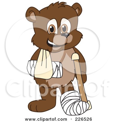 Royalty-Free (RF) Clipart Illustration of a Bear Cub School Mascot With A Sling, Cast And Crutch by Mascot Junction