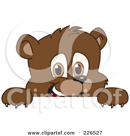 Royalty-Free (RF) Clipart Illustration of a Bear Cub School Mascot Looking Over A Blank Sign by Mascot Junction