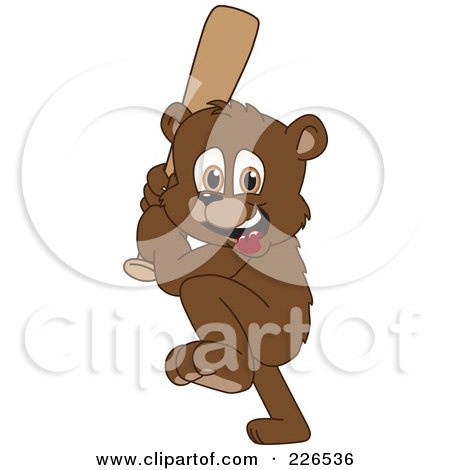 Royalty-Free (RF) Clipart Illustration of a Bear Cub School Mascot Playing Baseball by Mascot Junction