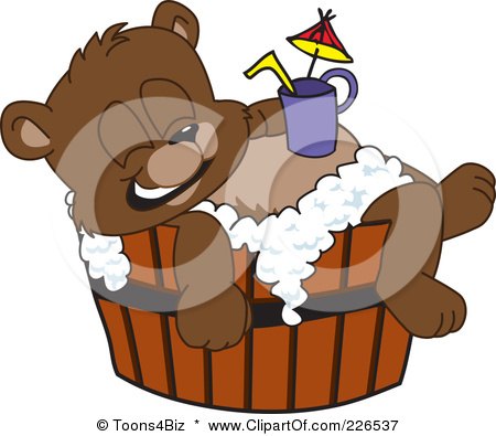 Royalty-Free (RF) Clipart Illustration of a Bear Cub School Mascot Bathing In A Barrel With A Drink On His Belly by Mascot Junction