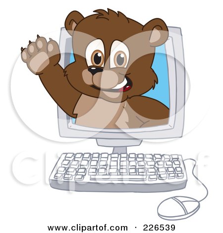 Royalty-Free (RF) Clipart Illustration of a Bear Cub School Mascot Waving In A Computer Screen by Mascot Junction