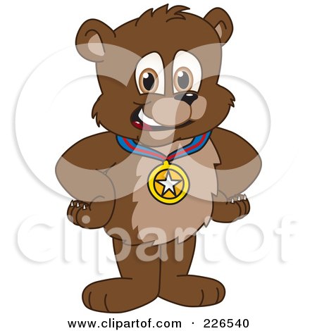 Royalty-Free (RF) Clipart Illustration of a Bear Cub School Mascot Wearing A Medal by Mascot Junction