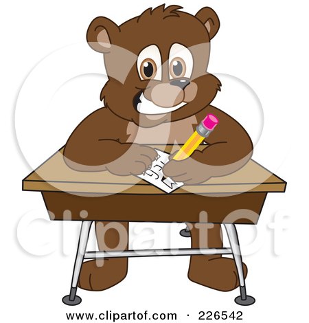 Royalty-Free (RF) Clipart Illustration of a Bear Cub School Mascot Writing On A Desk by Mascot Junction