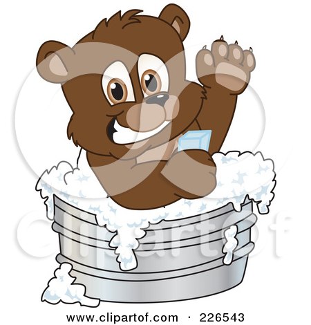 Royalty-Free (RF) Clipart Illustration of a Bear Cub School Mascot Bathing In A Metal Tub by Mascot Junction