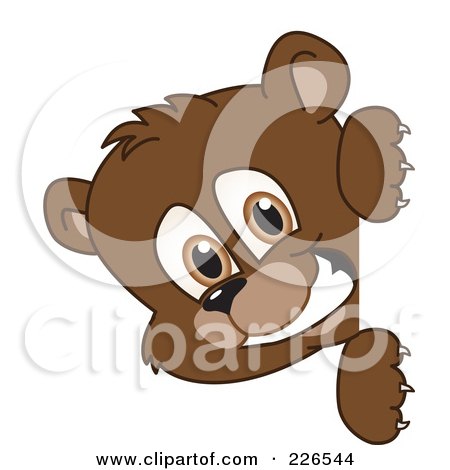 Royalty-Free (RF) Clipart Illustration of a Bear Cub School Mascot Looking Around A Blank Sign by Mascot Junction